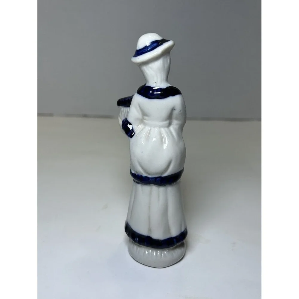 Vintage Victorian/Colonial Porcelain Lady Playing Instrument Figurine White/Blue